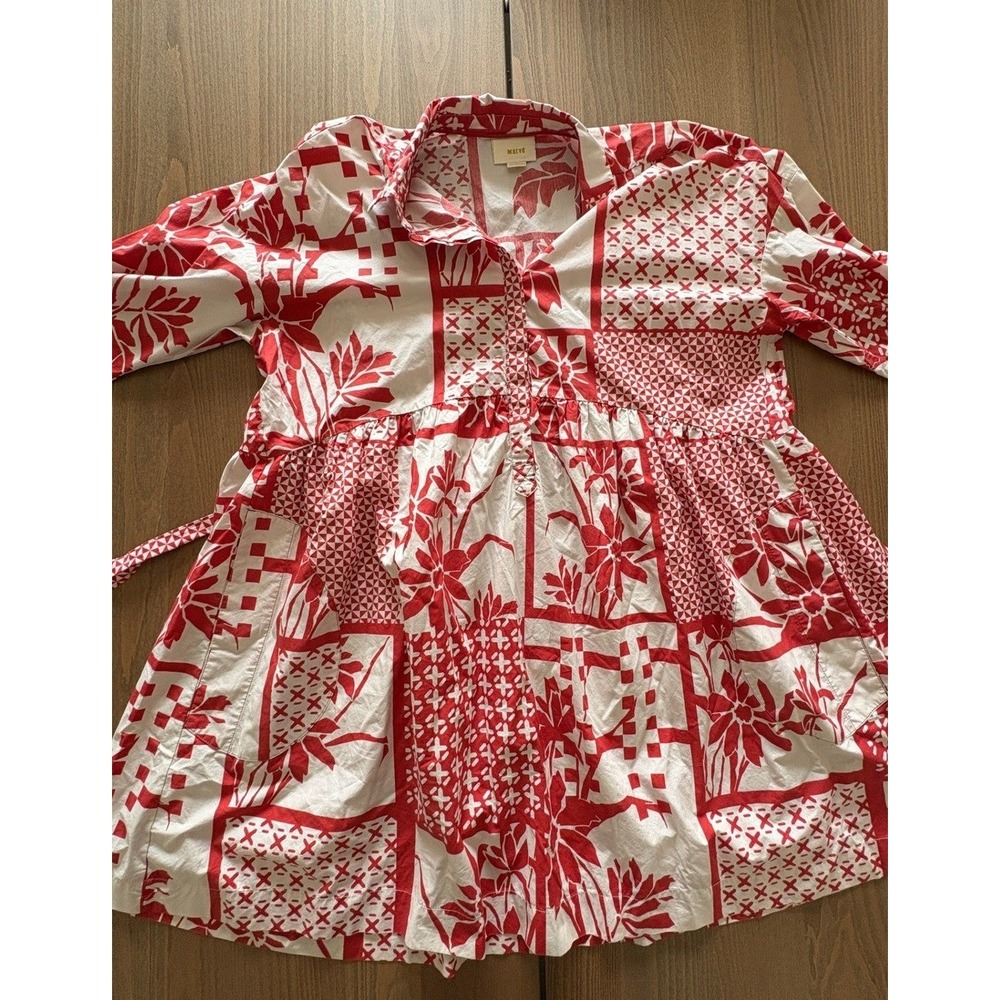 Maeve Anthropologie Red White Patchwork Floral Babydoll Mini Shirt Dress XL